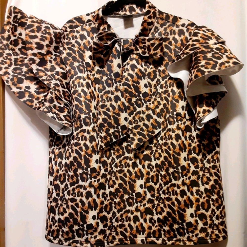 Leopard Print Neoprine Bow Blouse - 2X